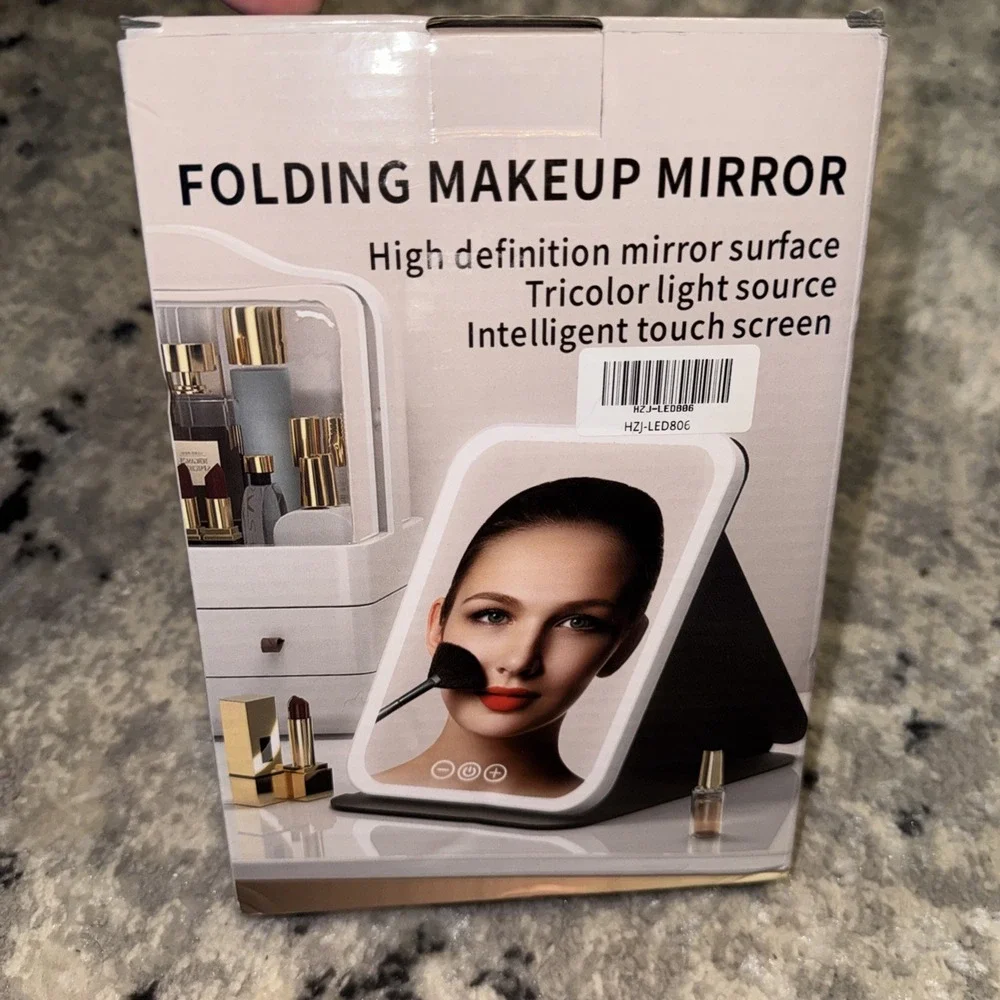 Portable Rechargeable LED Makeup Mirror Foldable Lighted Vanity Mirror Tri Color